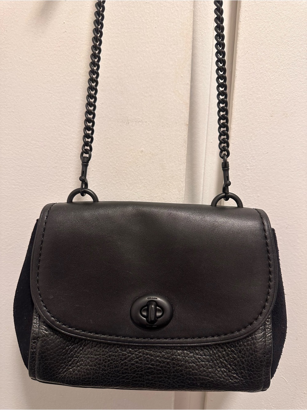 Coach Black Leather Flap Shoulder Bag with Chain Strap